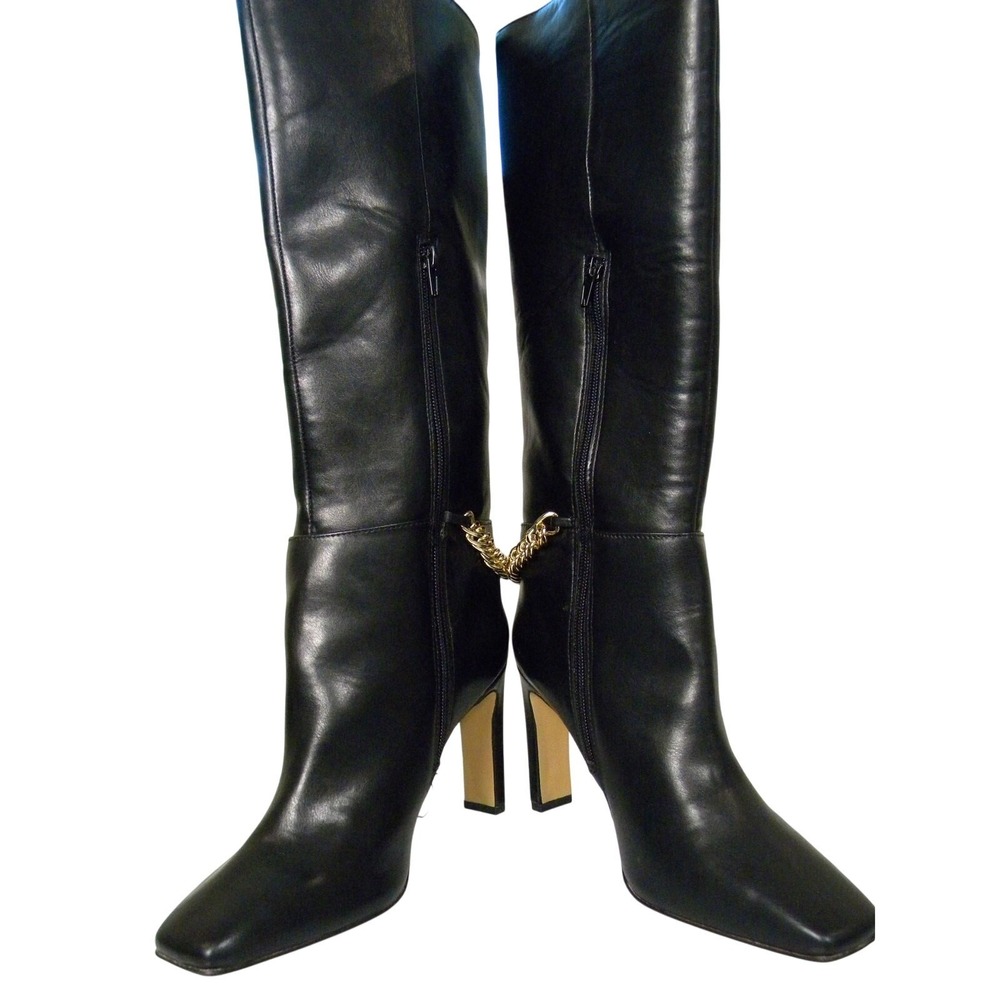 Express Women's Black Tall Boot Heel Gold‎ Chain Size 8 Sexy Vegan Leather Hot - Picture 4 of 7